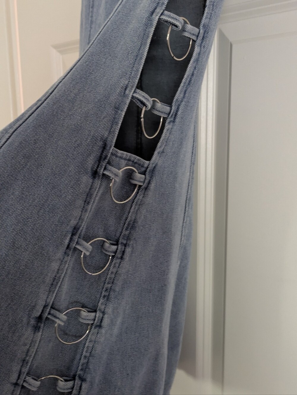 Sleeveless Blue Denim Mini Dress with Side Ring Detail - Picture 4 of 6